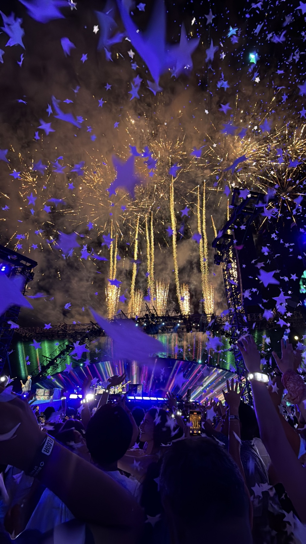 Fireworks and star-shaped confetti above the stage at a Coldplay concert